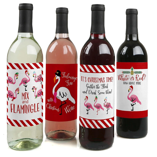 Flamingle Bells - Tropical Flamingo Christmas Decorations for Women and Men - Wine Bottle Label Stickers - Set of 4