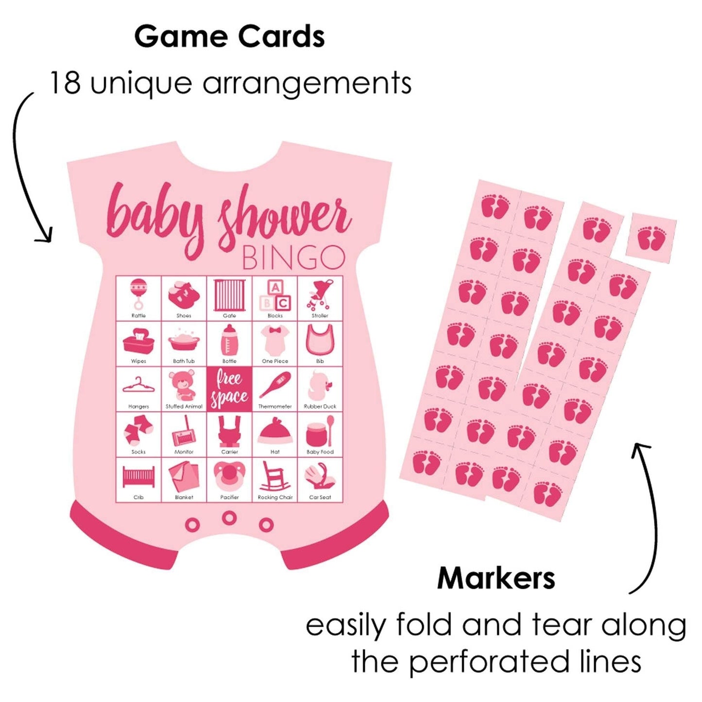 Baby Girl - Picture Bingo Cards and Markers - Pink Baby Shower Shaped Bingo Game - Set of 18