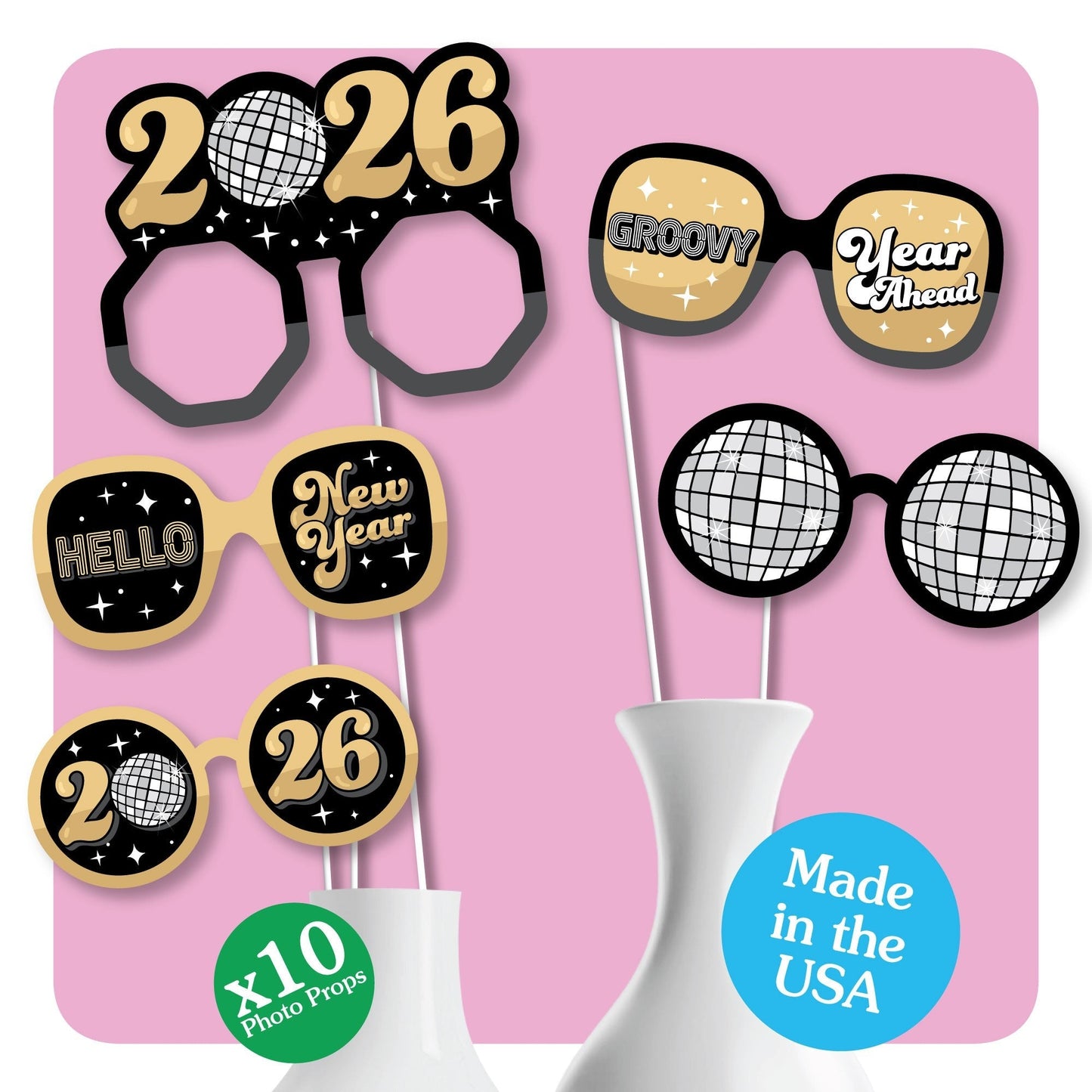 Disco New Year Glasses - Paper Card Stock Groovy 2026 NYE Party Photo Booth Props Kit - 10 Count