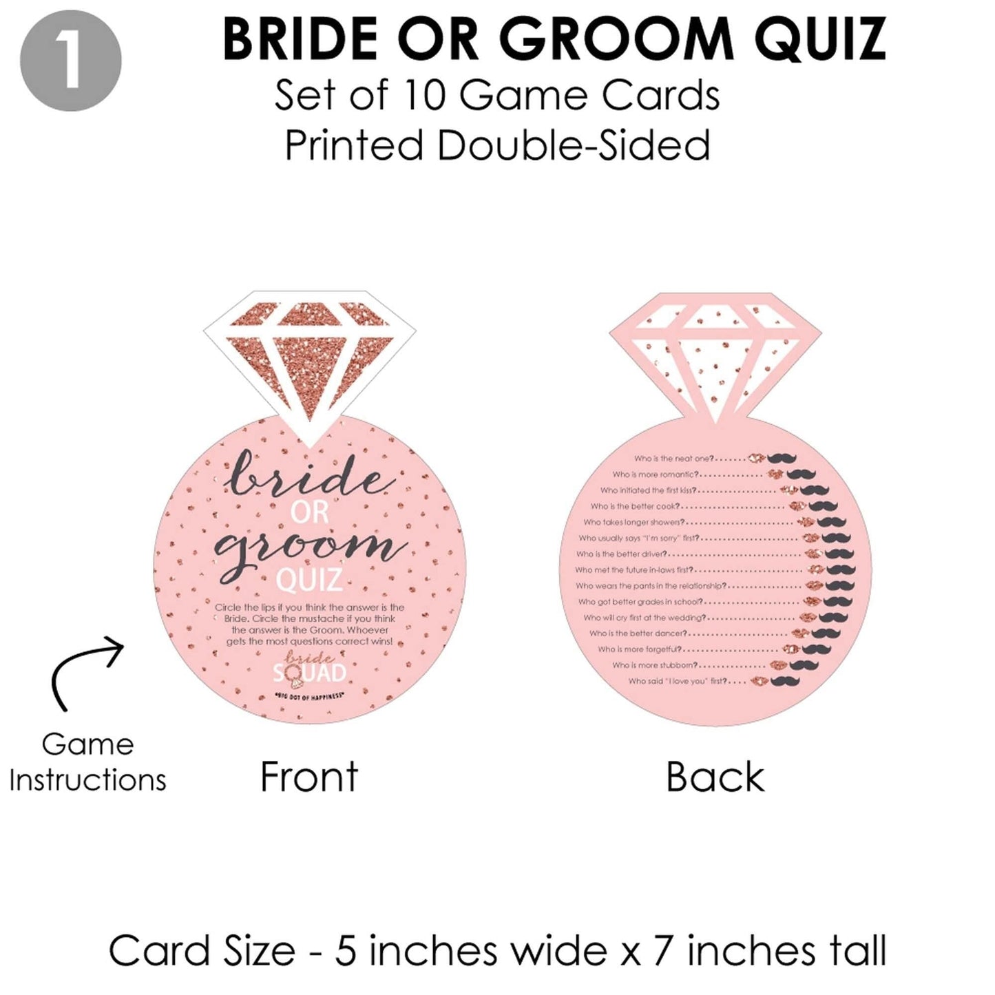 Bride Squad - 4 Rose Gold Bridal Shower or Bachelorette Party Games - 10 Cards Each - Who Knows The Bride Best, Bride or Groom Quiz, What's in Your Purse and Love - Gamerific Bundle