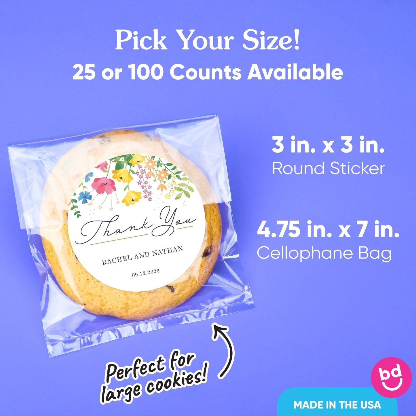 Custom Text Stickers & Clear Cookie Bags - Wildflowers