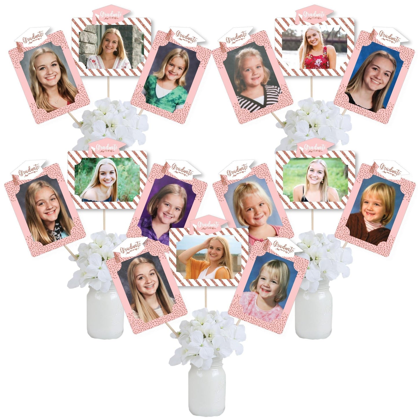 Rose Gold Grad - Graduation Party Picture Centerpiece Sticks - Photo Table Toppers - 15 Pieces