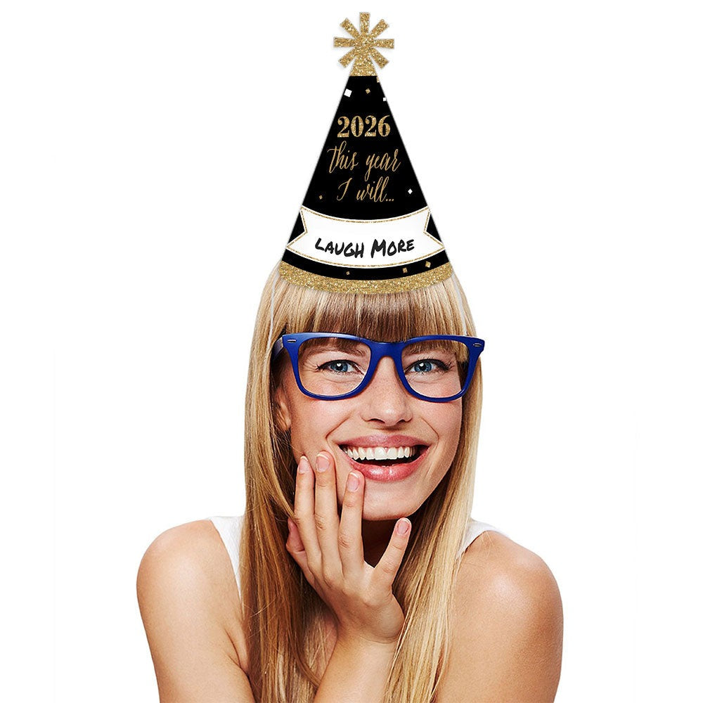 New Year's Eve - Gold - 2026 New Year's Eve Resolution Cone Party Hats for Adults - Set of 8 (Standard Size)