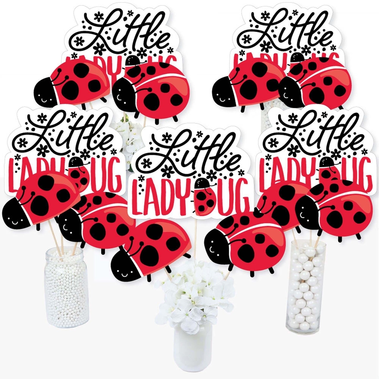 Happy Little Ladybug - Baby Shower or Birthday Party Centerpiece Sticks - Table Toppers - Set of 15