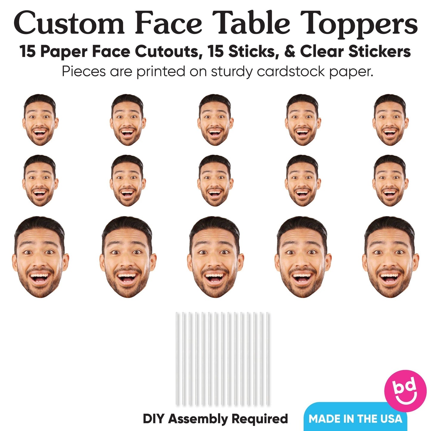 Fun Face Cutout Centerpiece Sticks - Custom Photo Head Cut Out Table Toppers - Upload 1 Photo - Set of 15