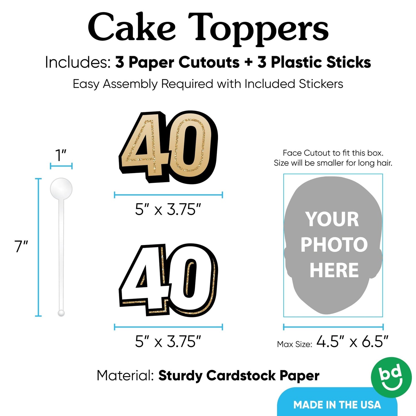 Custom Photo 40th Birthday Cake Topper - 3 Pc