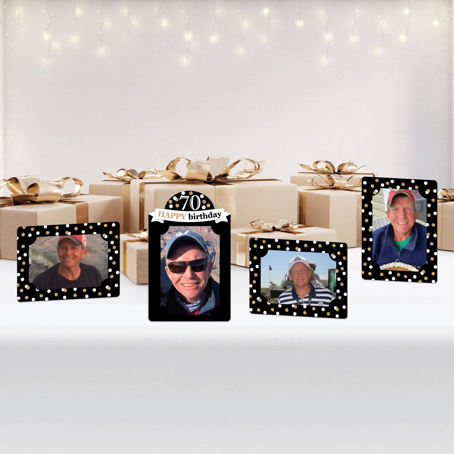 Adult 70th Birthday - Gold - Birthday Party 4x6 Picture Display - Paper Photo Frames - Set of 12