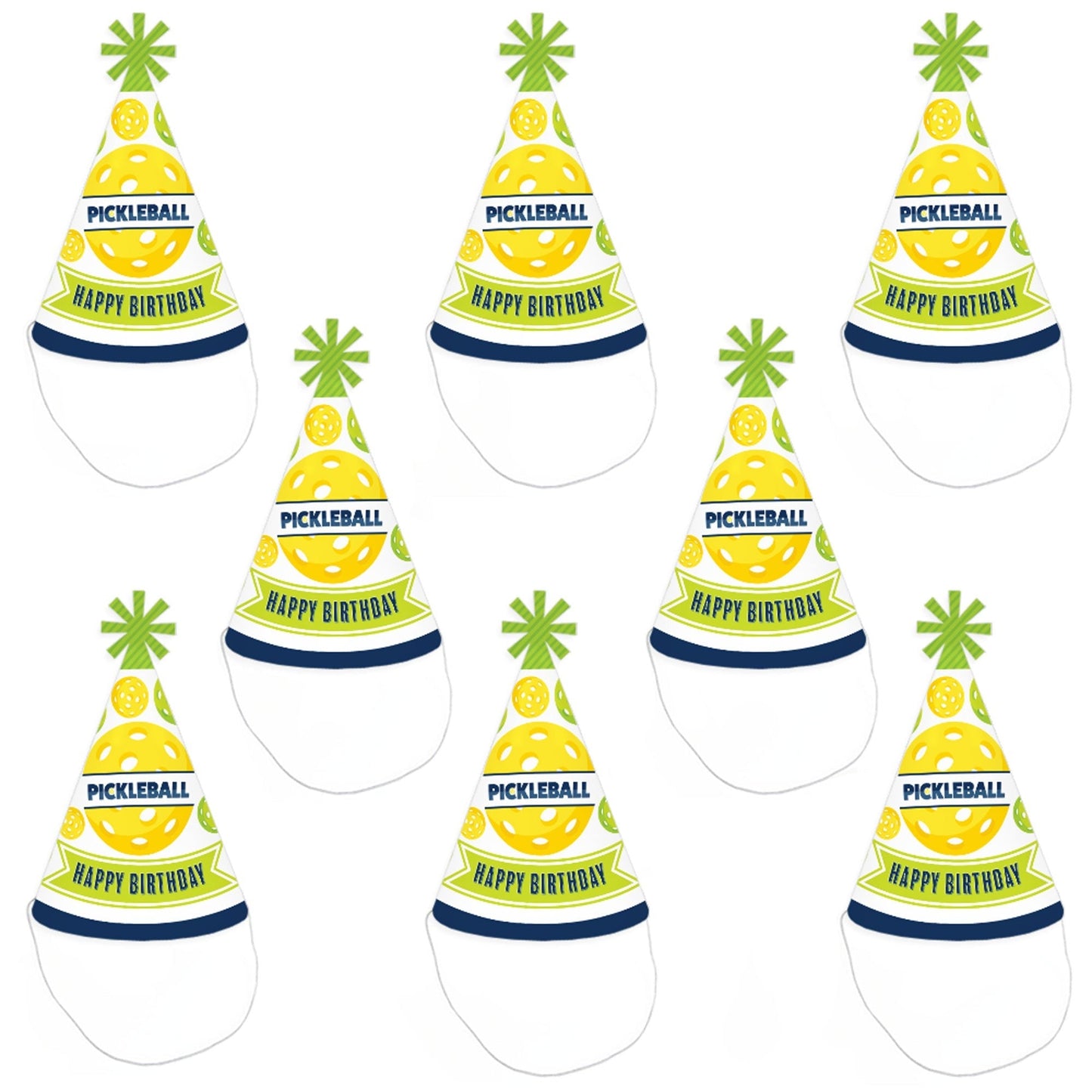 Let's Rally - Pickleball - Cone Happy Birthday Party Hats for Kids and Adults - Set of 8 (Standard Size)
