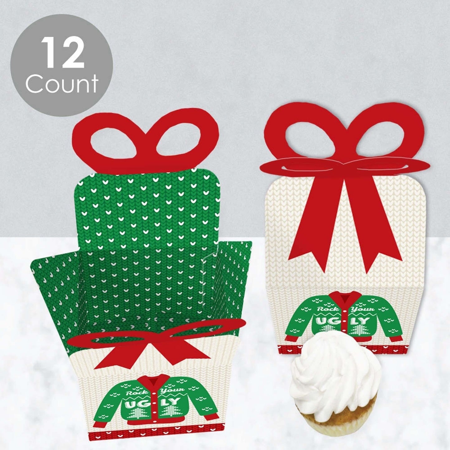 Ugly Sweater - Square Favor Gift Boxes - Holiday and Christmas Party Bow Boxes - Set of 12
