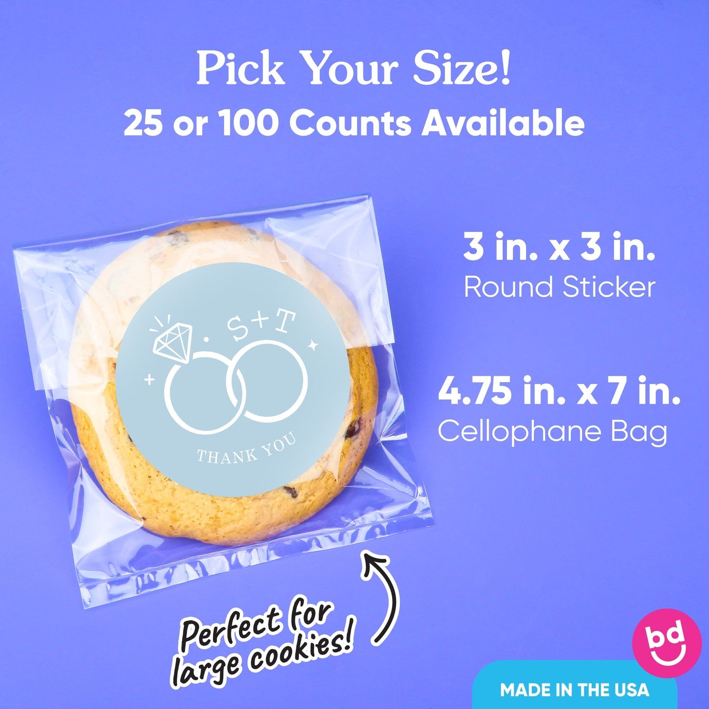 Custom Text Stickers & Clear Cookie Bags - Dusty Blue Wedding Rings