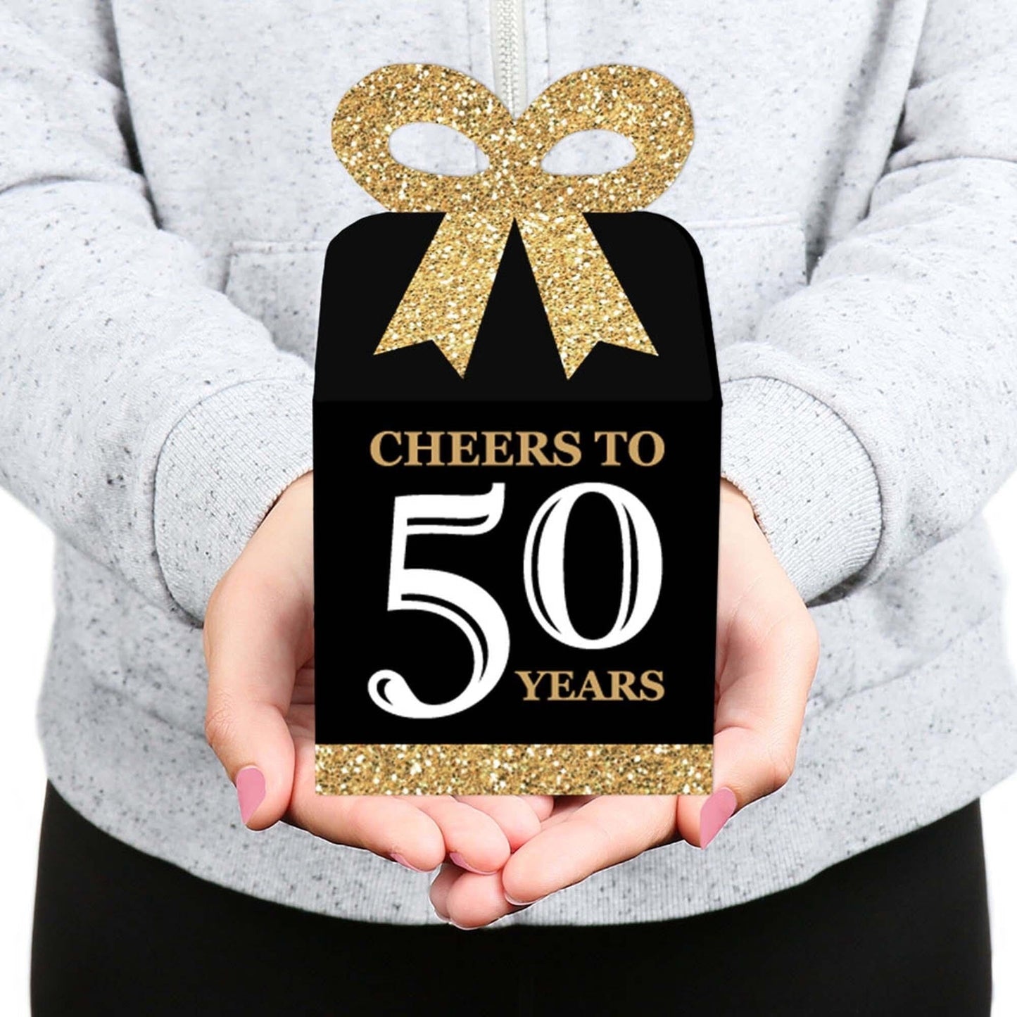 Adult 50th Birthday Square Favor Gift Boxes - Birthday Party Bow Boxes - Set of 12