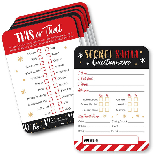 Secret Santa Fill-In Questionnaire Form - Christmas Gift Exchange Party Cards - Activity Duo Games - Set of 20
