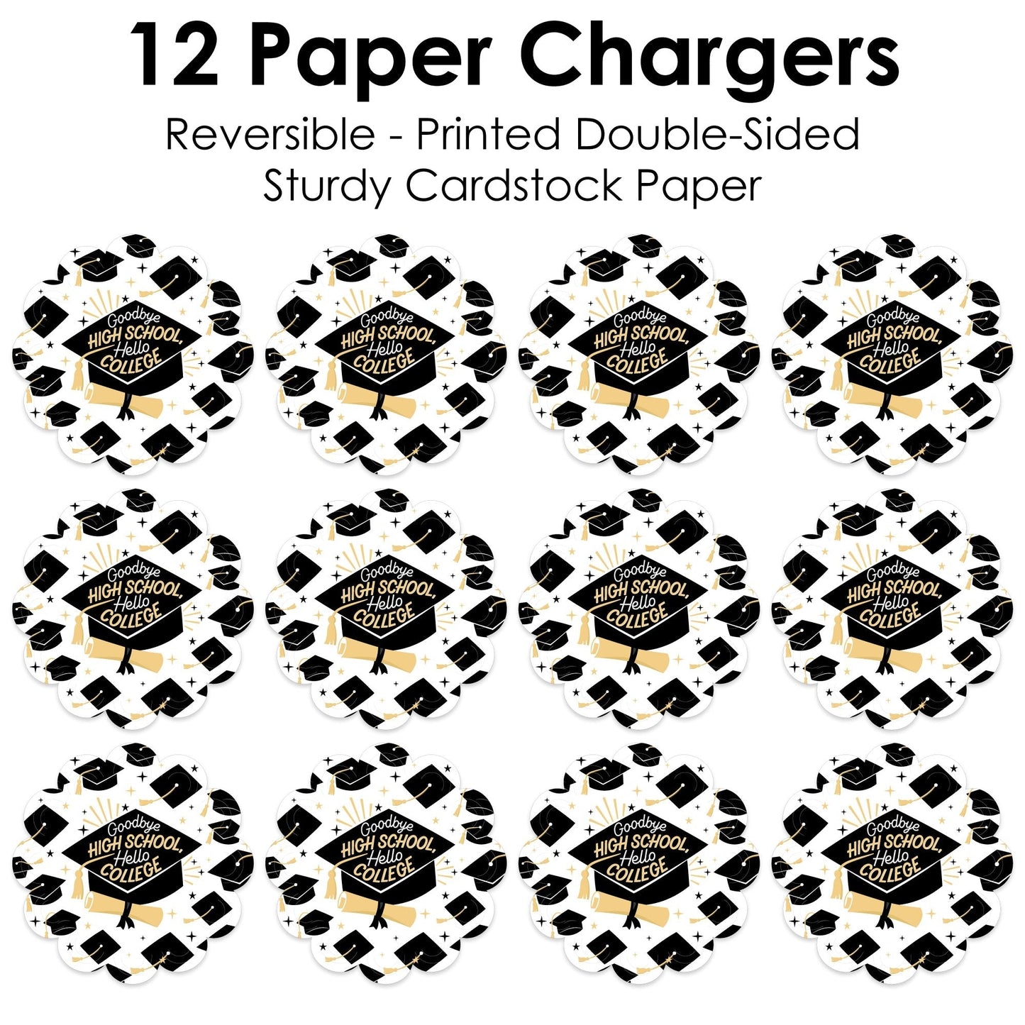 Goodbye High School, Hello College - Graduation Party Round Table Decorations - Paper Chargers - Place Setting For 12