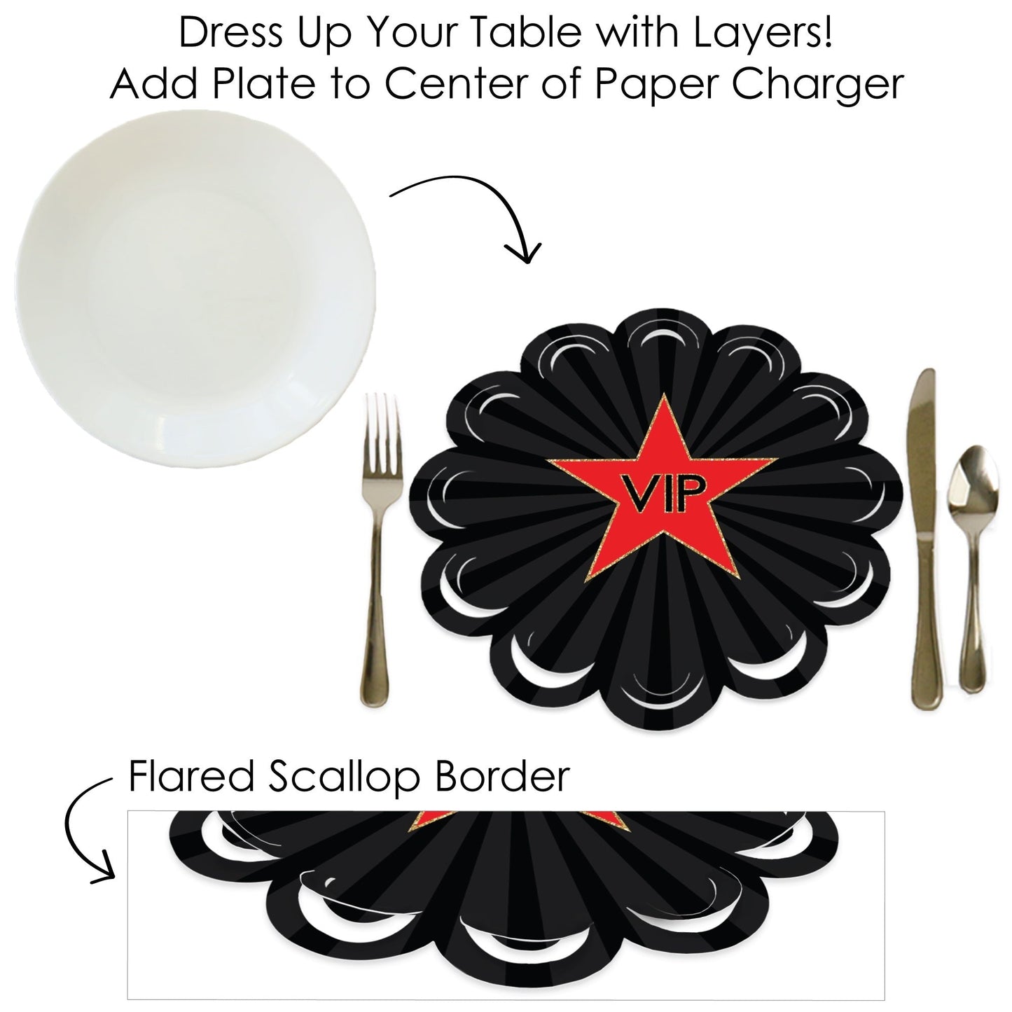 Red Carpet - Movie Night Party Round Table Decorations - Paper Chargers - Place Setting For 12