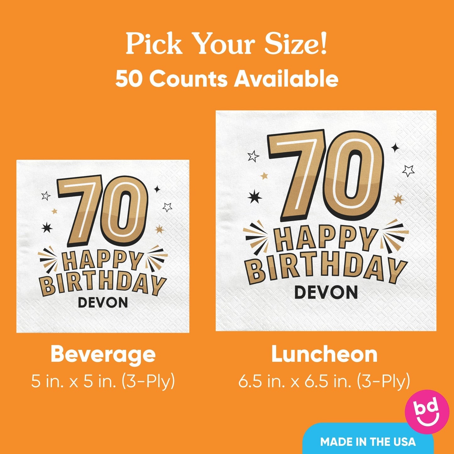 Custom Text Napkins - Black & Gold 70th Birthday