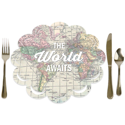World Awaits - Travel Themed Party Round Table Decorations - Paper Chargers - Place Setting For 12