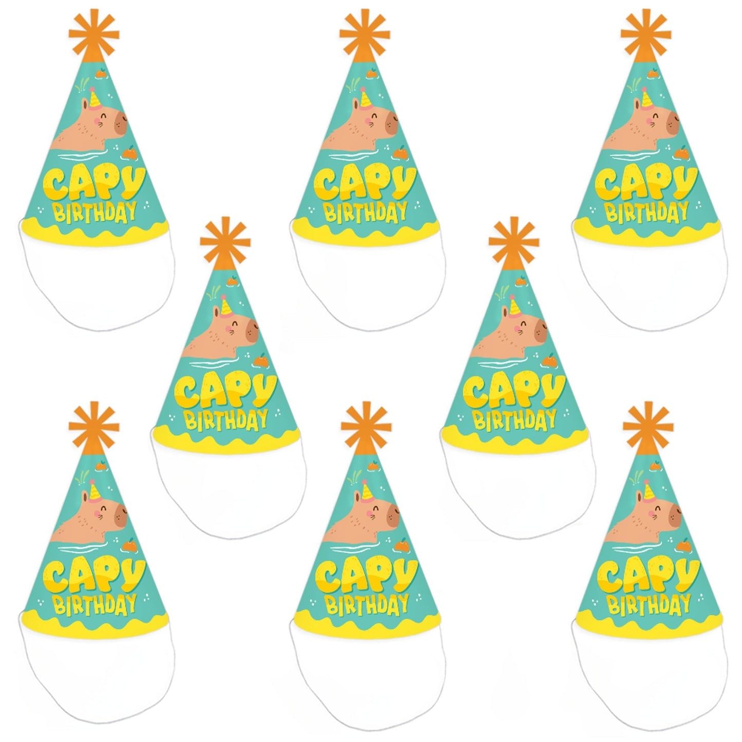 Capy Birthday - Cone Happy Birthday Party Hats for Kids and Adults - Set of 8 (Standard Size)