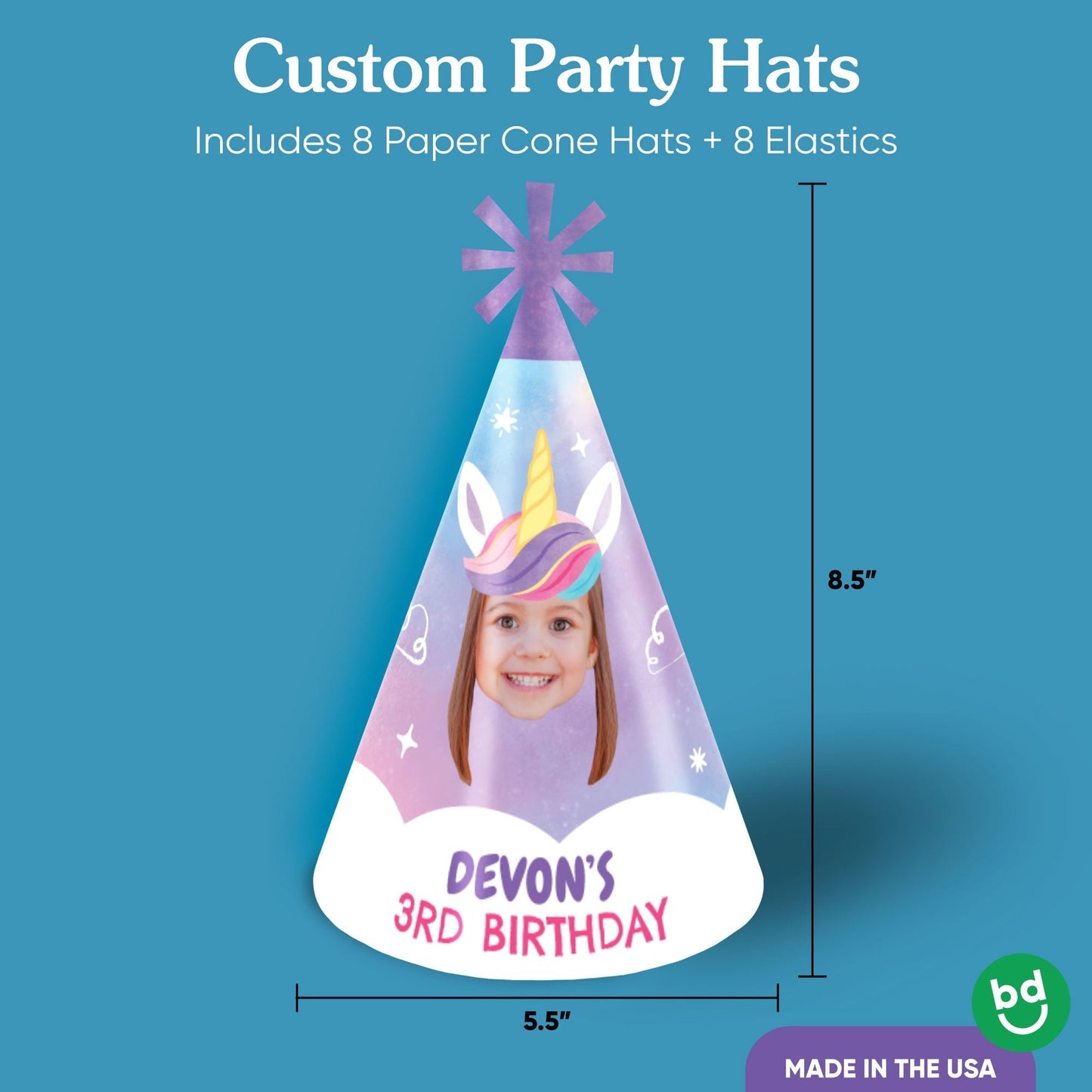Custom Unicorn Birthday Cone Hat - 8 Ct