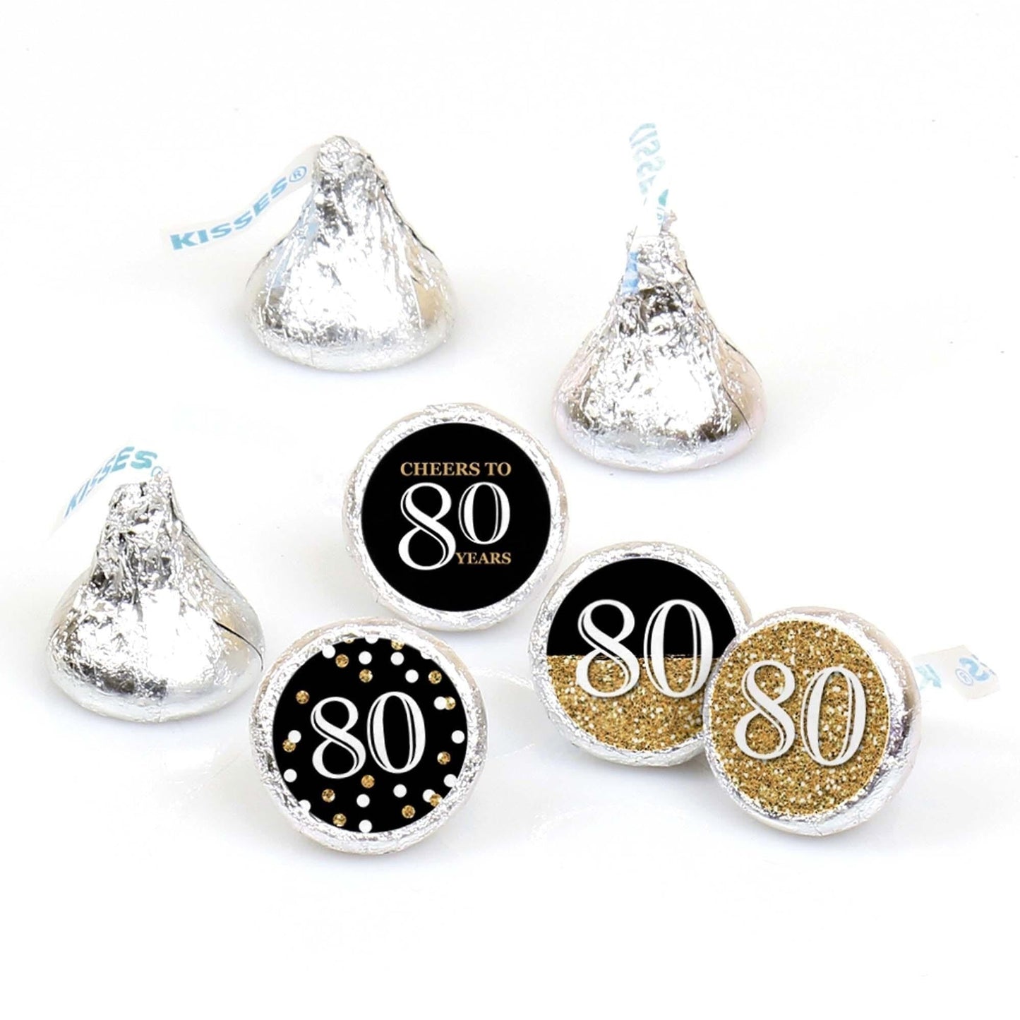 Adult 80th Birthday - Gold - Round Candy Labels Birthday Party Favors - Fits Hershey's Kisses - 108 ct
