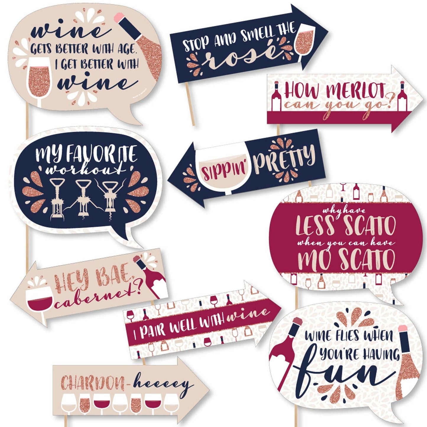 Funny But First, Wine - 10 Piece Wine Tasting Party Photo Booth Props Kit