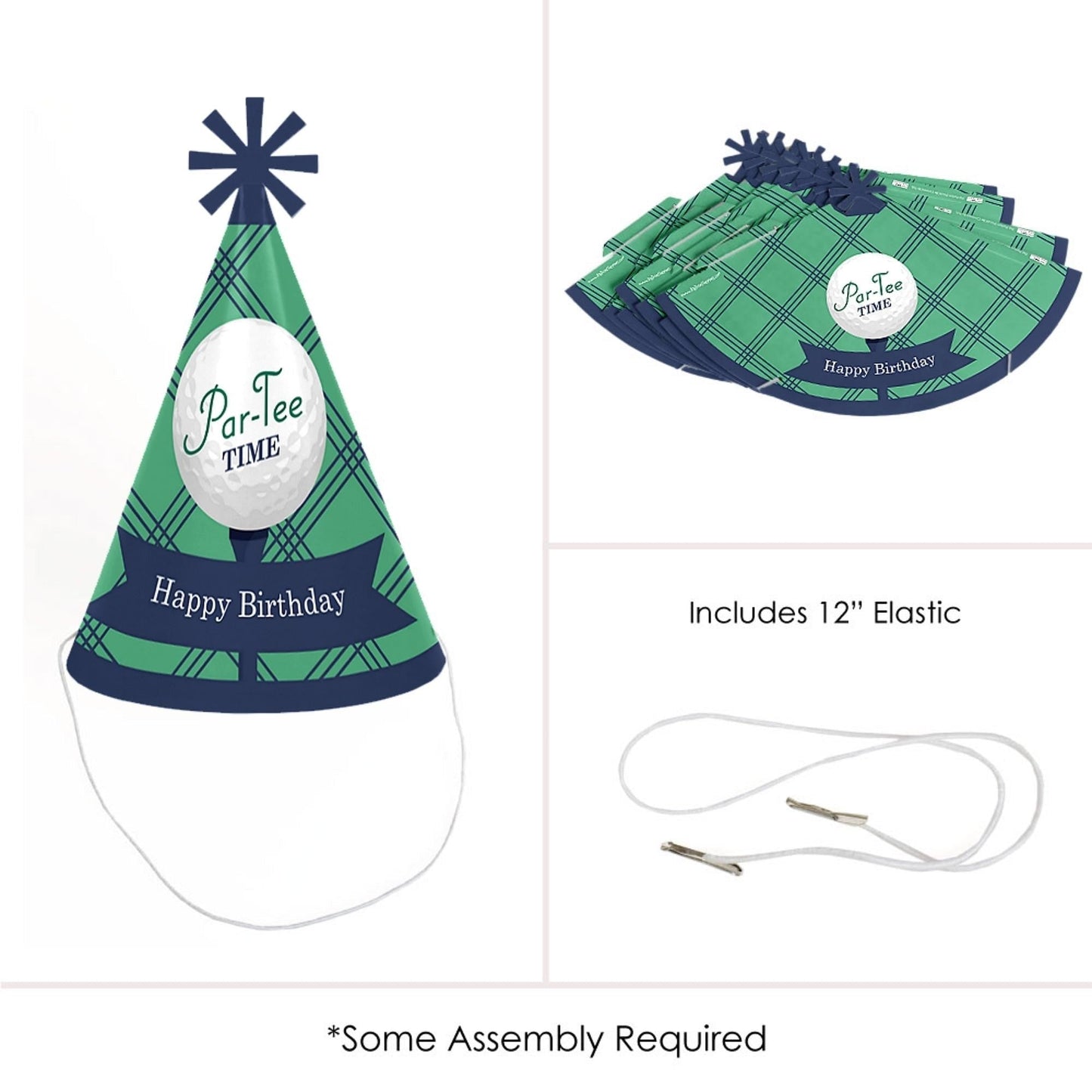 Par-Tee Time - Golf - Cone Happy Birthday Party Hats for Kids and Adults - Set of 8 (Standard Size)