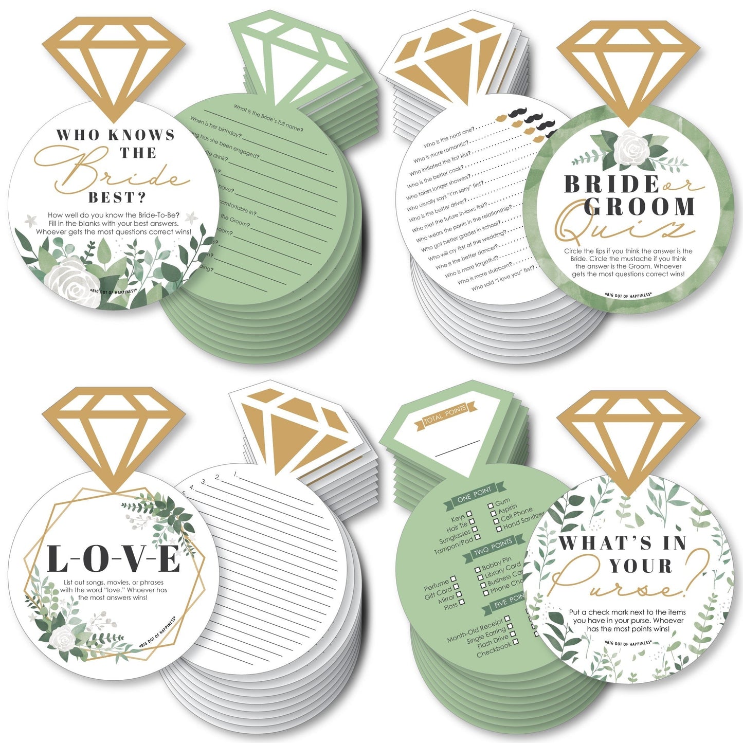 Boho Botanical Bride - 4 Greenery Bridal Shower Games - 10 Cards Each - Who Knows The Bride Best, Bride or Groom Quiz, What's in Your Purse and Love - Gamerific Bundle