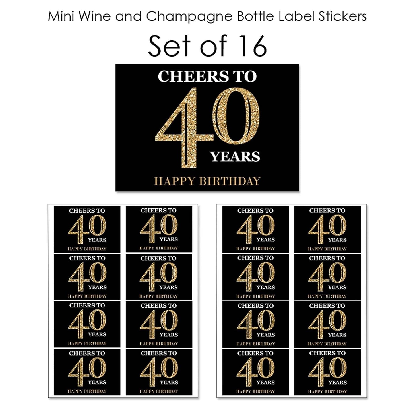 Adult 40th Birthday - Gold - Mini Wine and Champagne Bottle Label Stickers - Birthday Party Favor Gift - For Women and Men - Set of 16