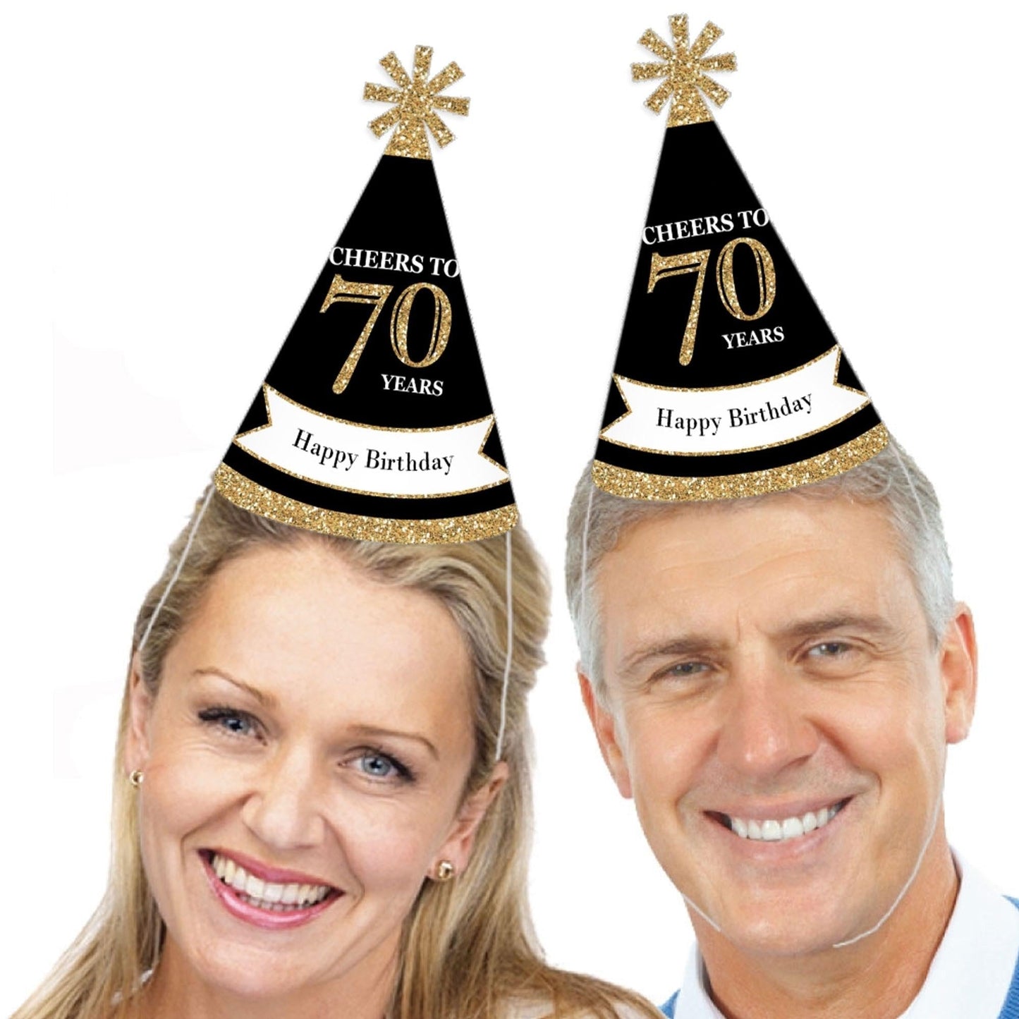 Adult 70th Birthday - Gold - Cone Birthday Party Hats for Adults - Set of 8 (Standard Size)