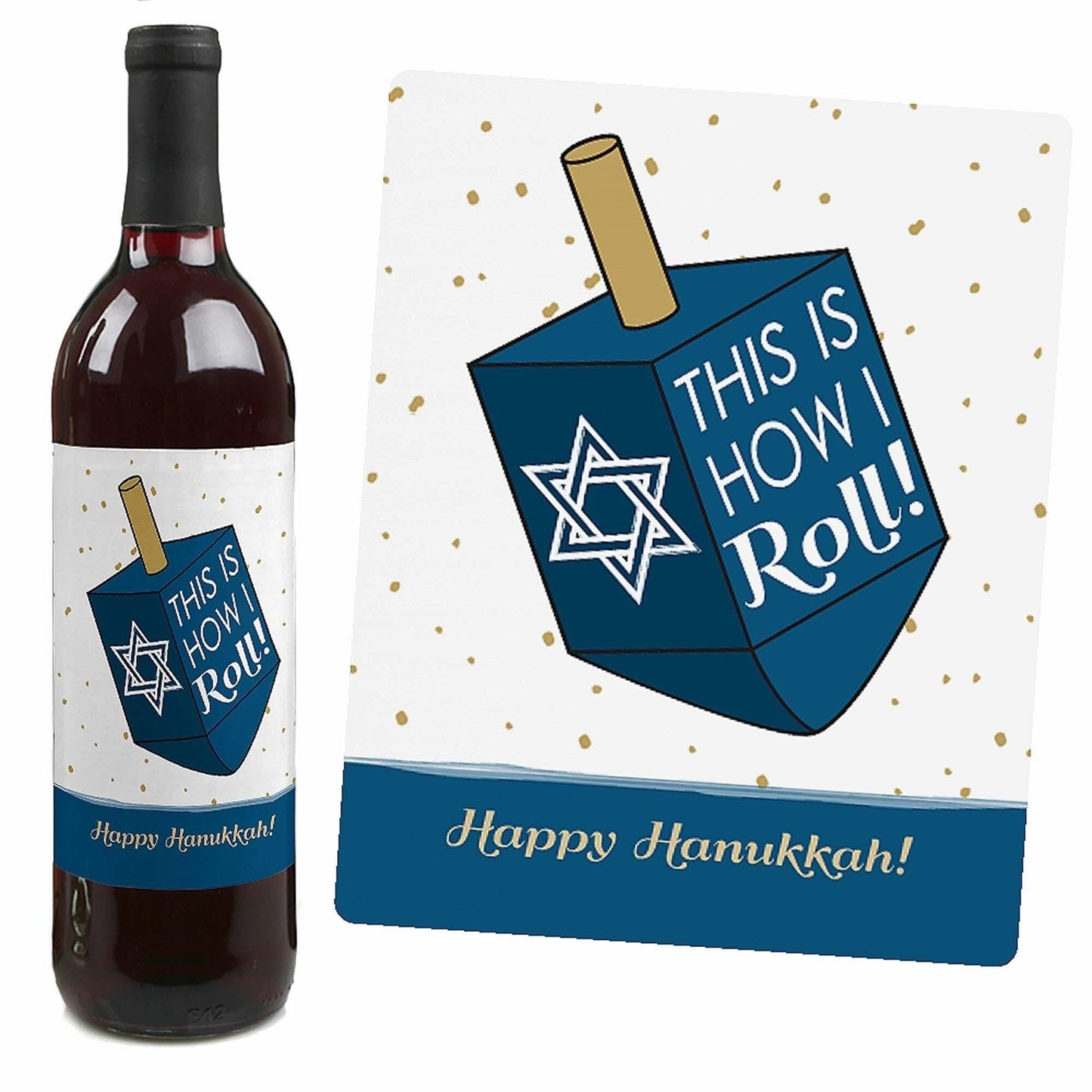 Happy Hanukkah - Chanukah Decorations for Women and Men - Wine Bottle Label Stickers - Set of 4