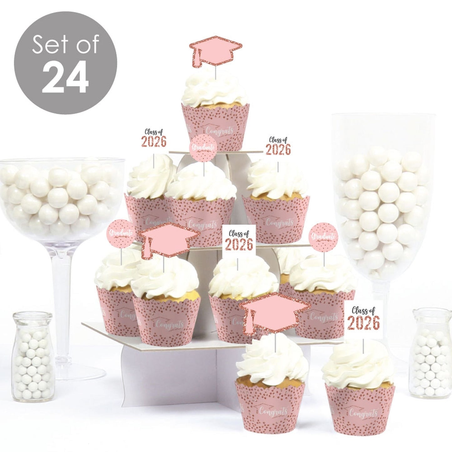 Rose Gold Grad - Cupcake Decoration - 2026 Graduation Party Cupcake Wrappers and Treat Picks Kit - Set of 24