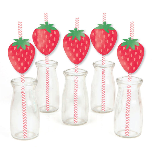 Berry Sweet Strawberry - Paper Straw Decor - Fruit Themed Birthday Party or Baby Shower Striped Decorative Straws - Set of 24