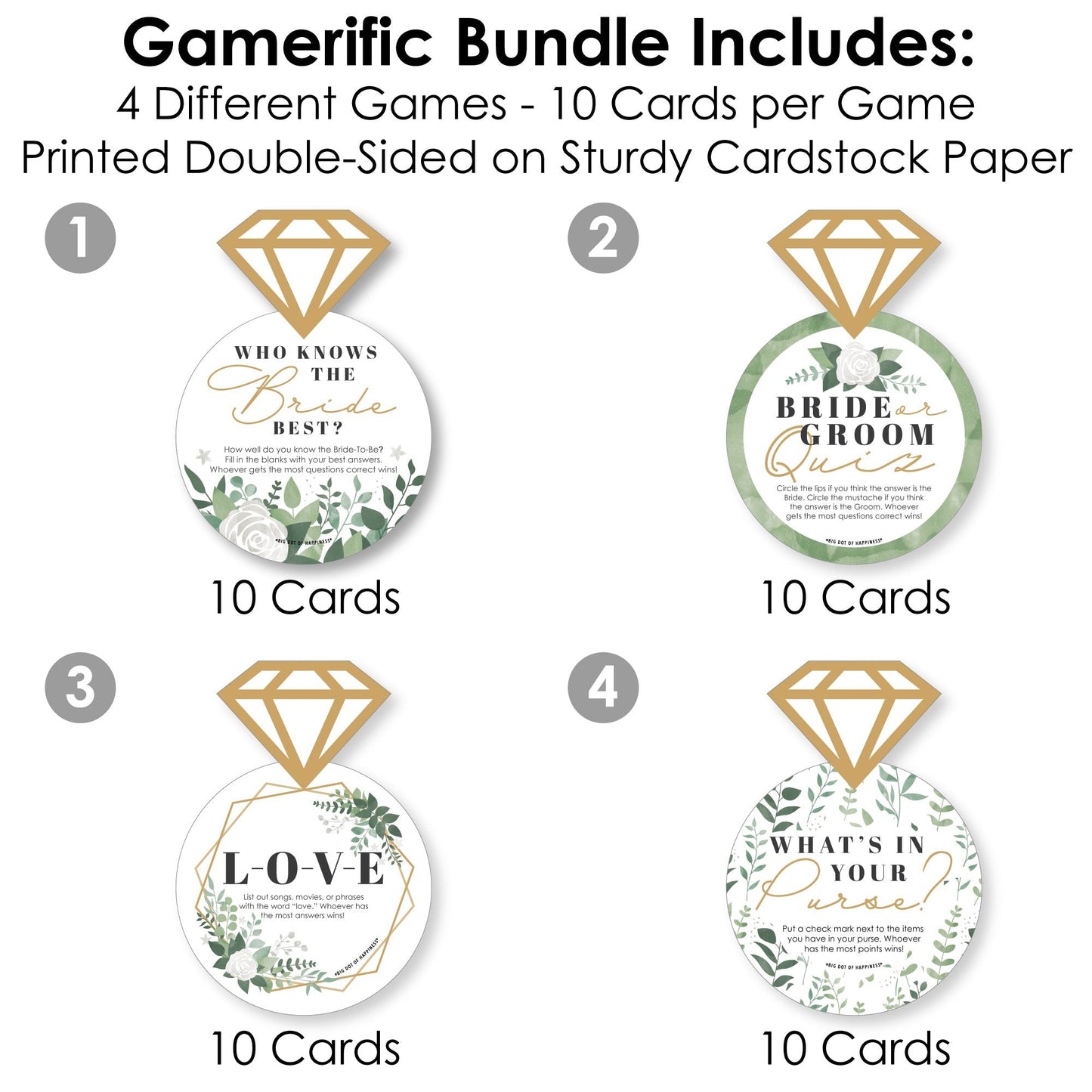 Boho Botanical Bride - 4 Greenery Bridal Shower Games - 10 Cards Each - Who Knows The Bride Best, Bride or Groom Quiz, What's in Your Purse and Love - Gamerific Bundle