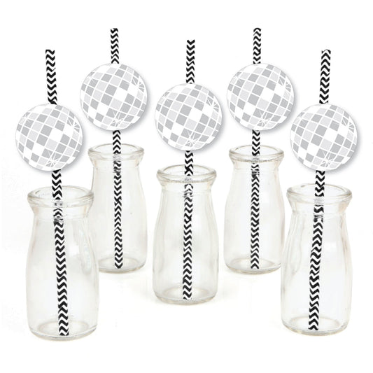 Disco Ball - Paper Straw Decor - Groovy Hippie Party Striped Decorative Straws - Set of 24