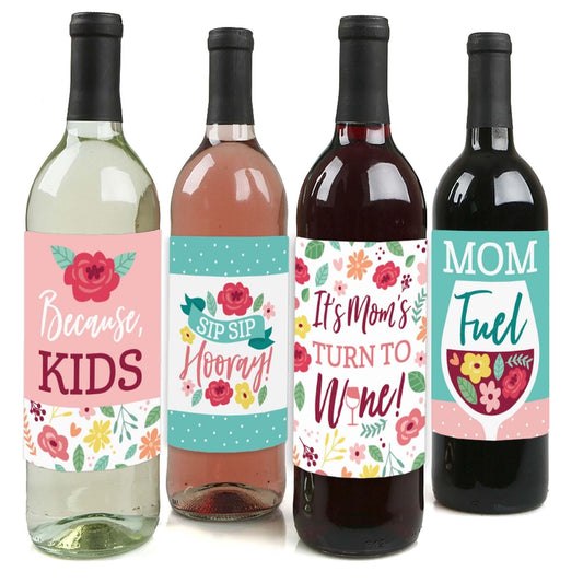 Colorful Floral Happy Mother's Day - We Love Mom Party Decorations for Women and Men - Wine Bottle Label Stickers - Set of 4
