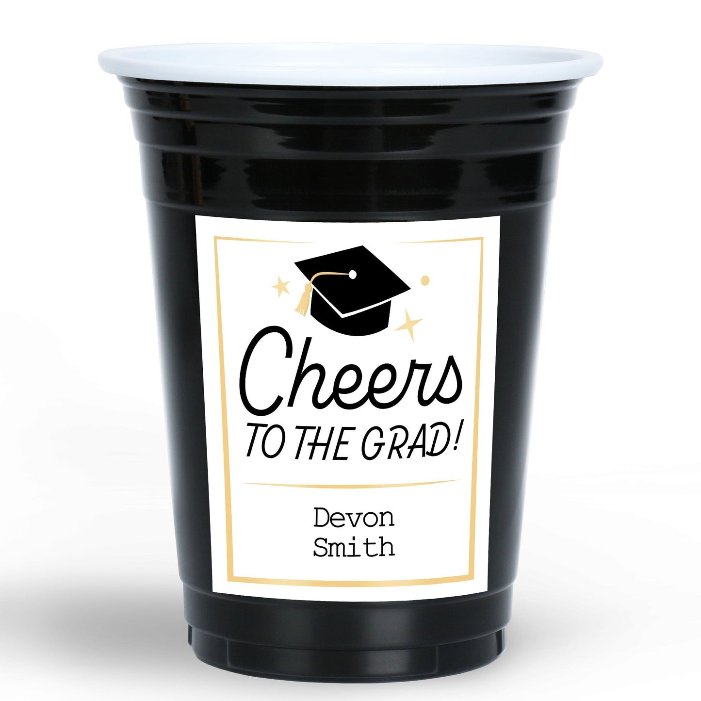 Custom Text Party Cups - Black and Gold Graduation - 16 Ct