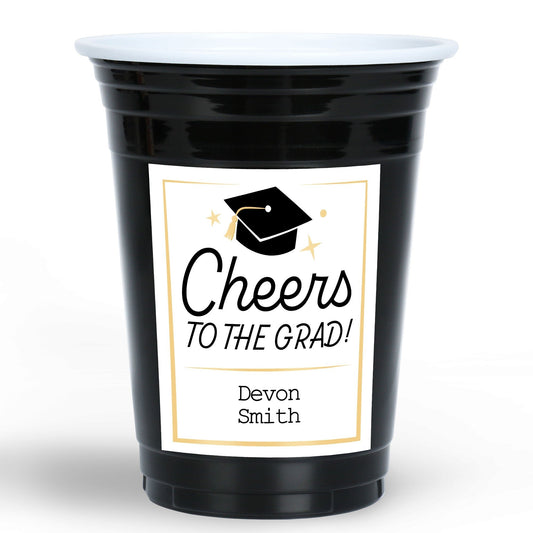 Custom Text Party Cups - Black and Gold Graduation - 16 Ct