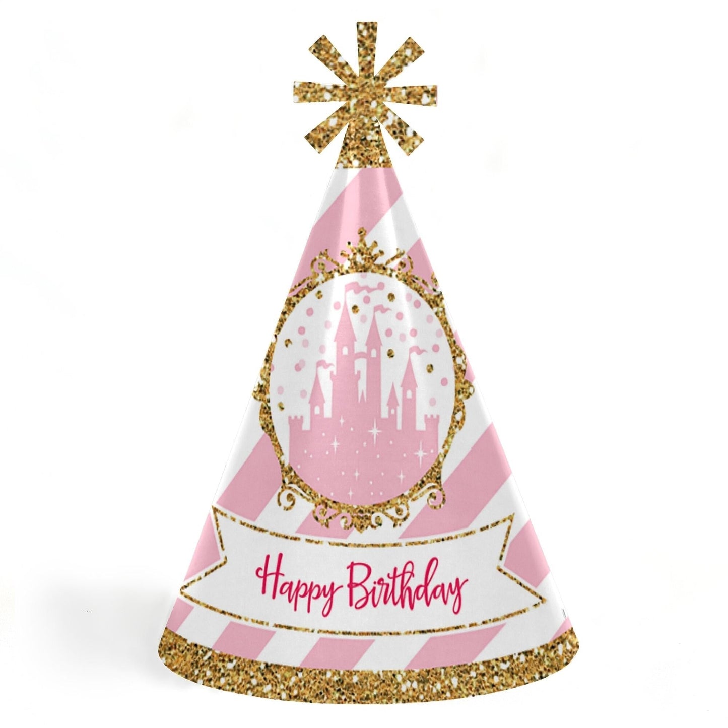 Little Princess Crown - Cone Pink and Gold Princess Happy Birthday Party Hats for Kids and Adults - Set of 8 (Standard Size)
