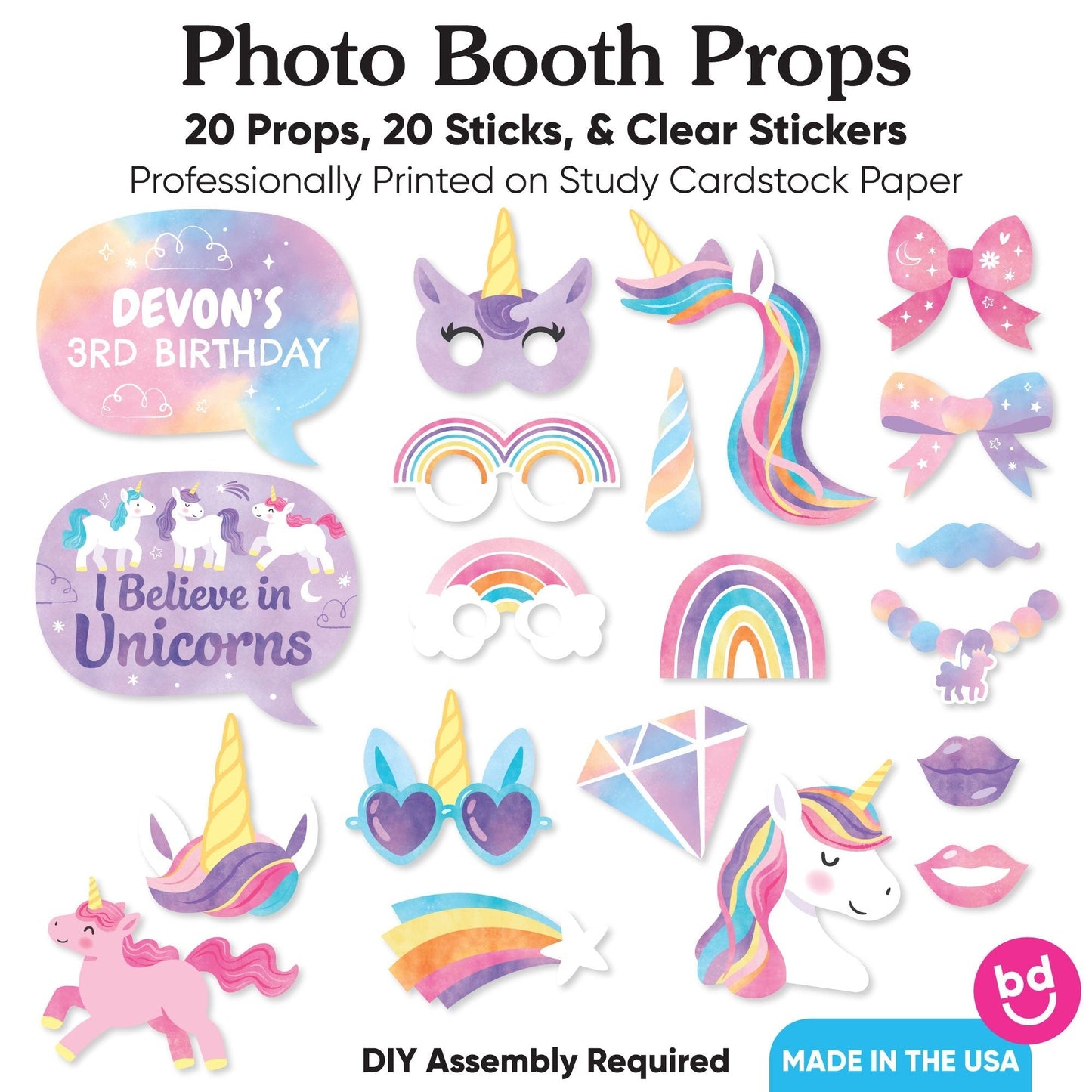 Personalized Unicorn Photo Props - 20 Ct