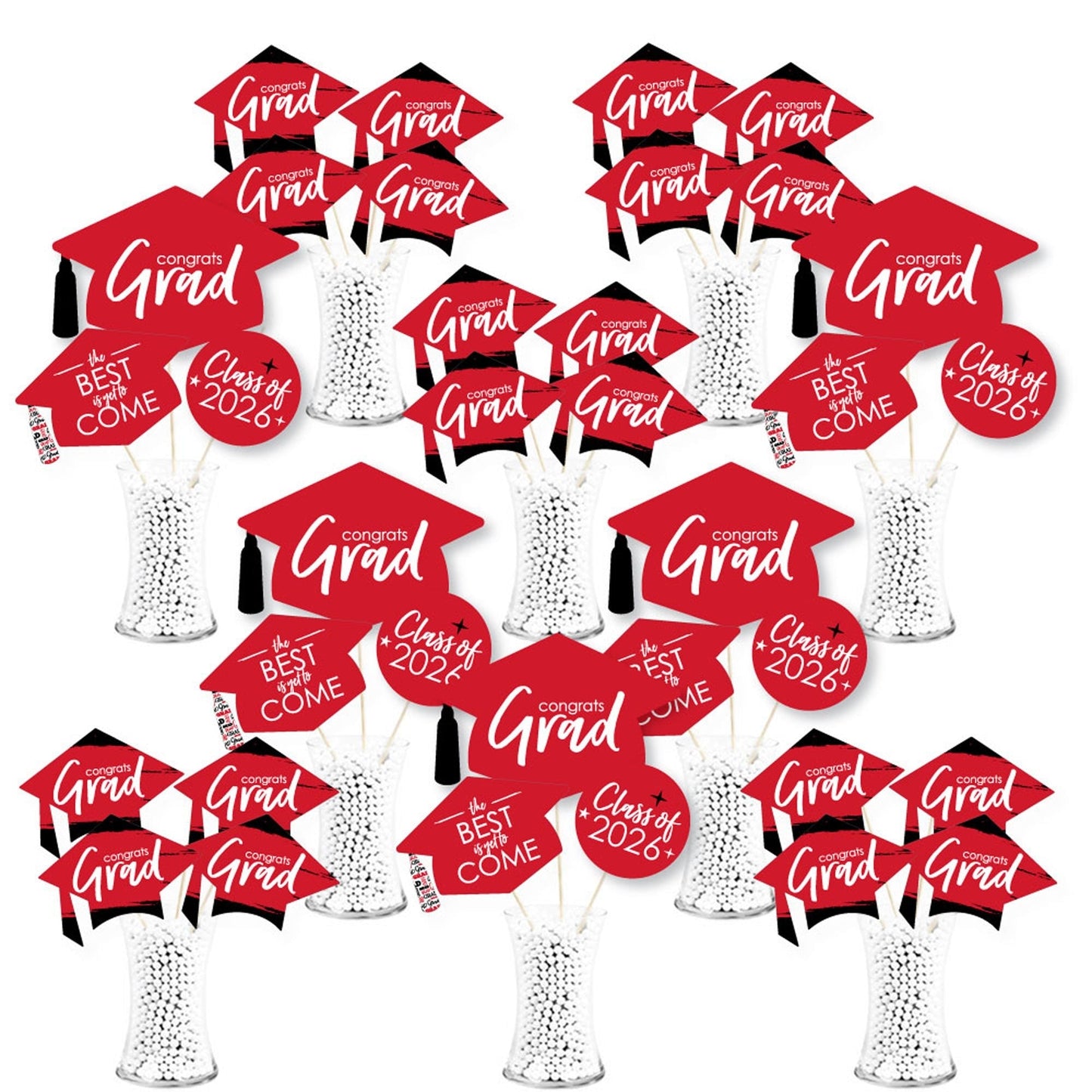 Red Grad - Best is Yet to Come - 2026 Red Graduation Party Centerpiece Sticks - Showstopper Table Toppers - 35 Pieces
