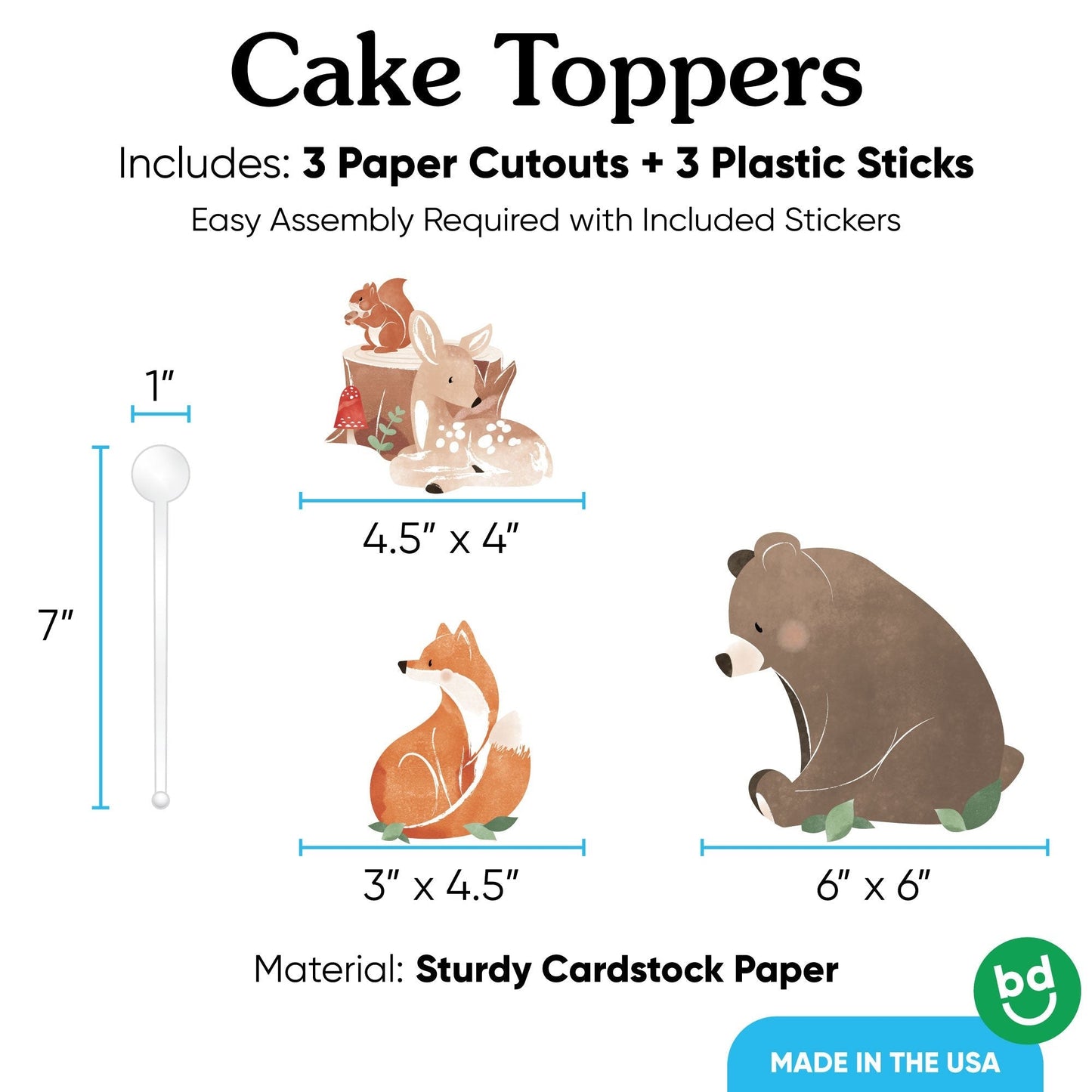 Woodland Animals Cake Topper - 3 Pc