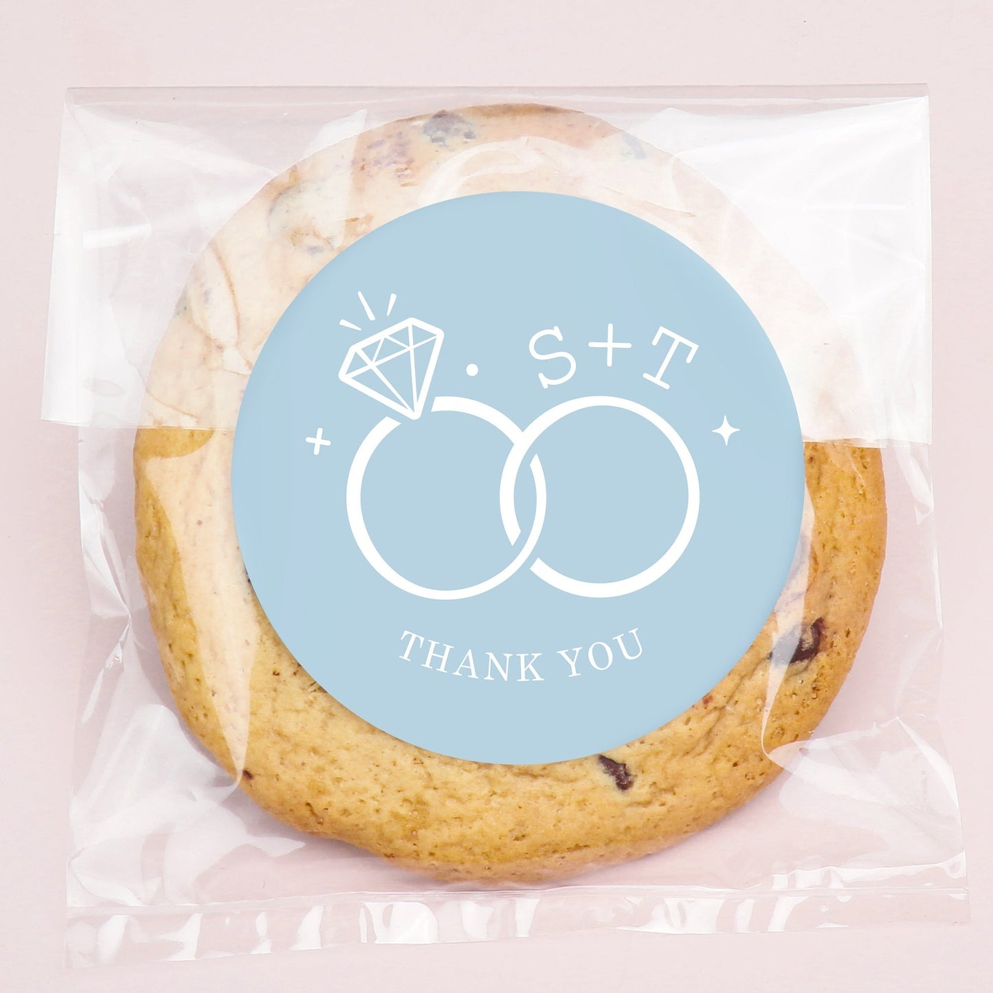Custom Text Stickers & Clear Cookie Bags - Dusty Blue Wedding Rings