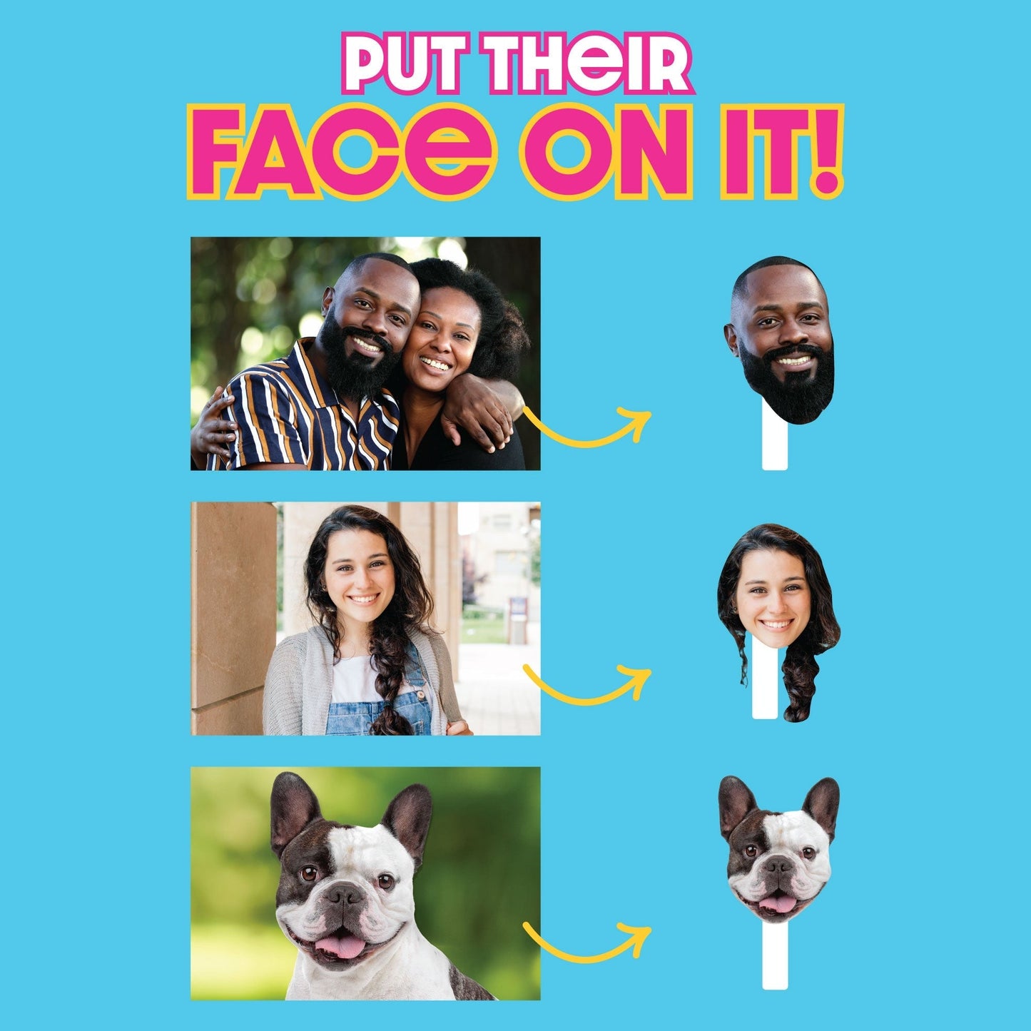 Fun Face Cutout Paddles - Custom Photo Head Cut Out Photo Booth and Fan Props - Upload 1 Photo - 6 Piece Cut Out Kit