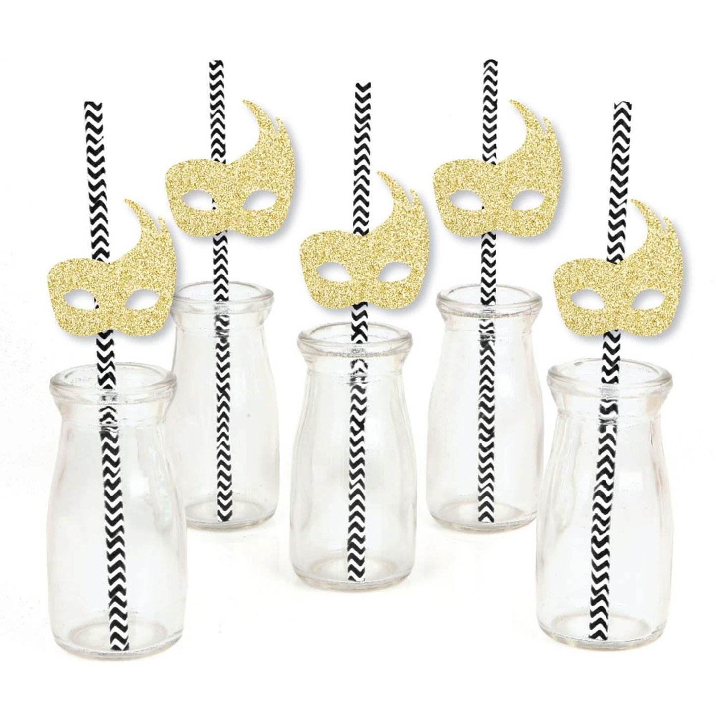 Gold Glitter Masks Party Straws - No-Mess Real Gold Glitter Cut-Outs & Decorative Masquerade Mardi Gras Party Paper Straws - Set of 24
