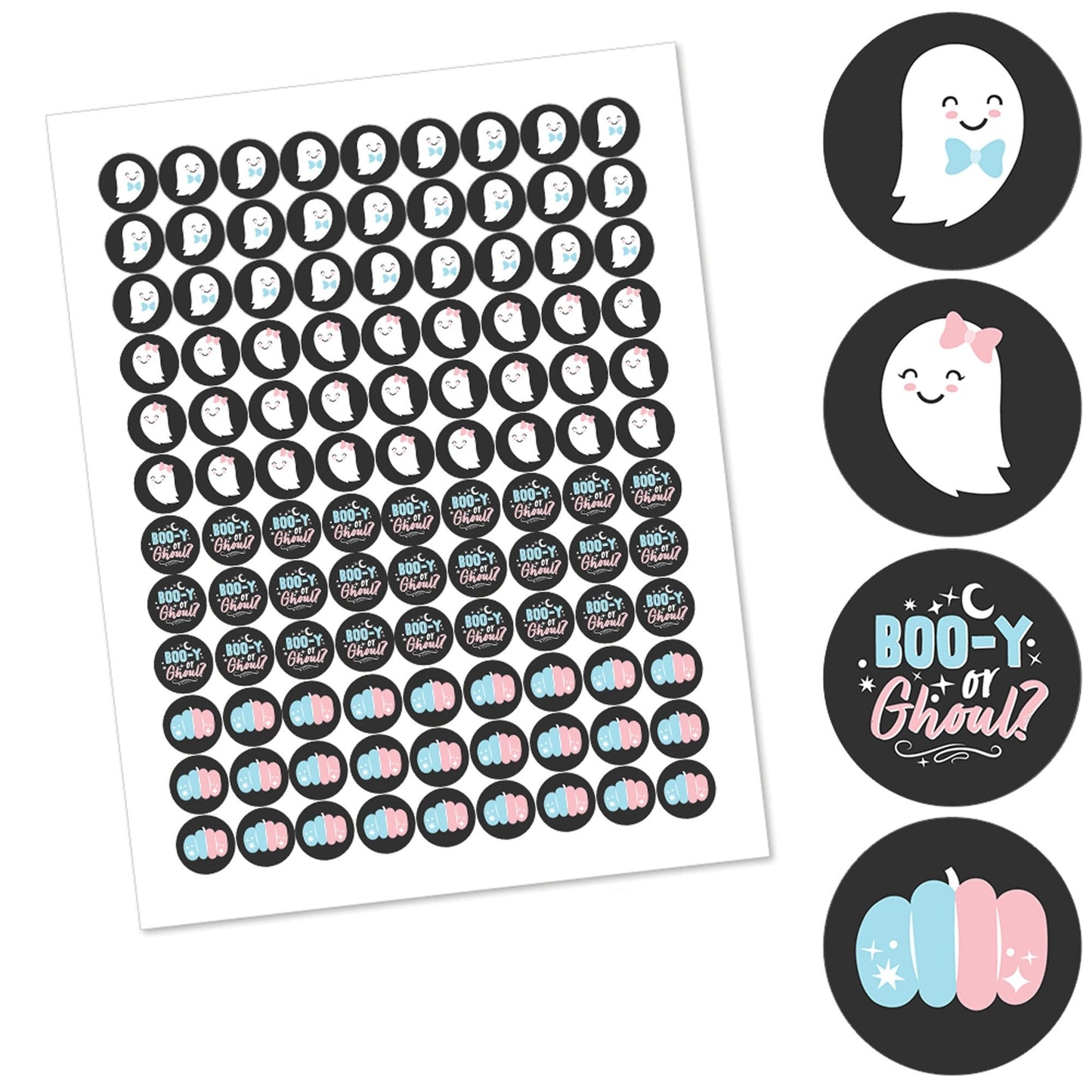 Boo-y or Ghoul - Halloween Gender Reveal Party Round Candy Sticker Favors - Labels Fit Chocolate Candy (1 sheet of 108)