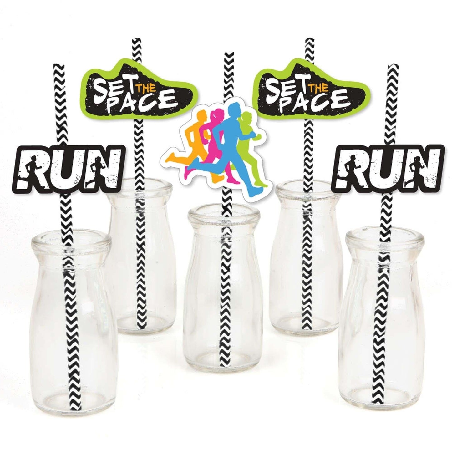 Set The Pace - Running - Paper Straw Decor - Track, Cross Country or Marathon Striped Decorative Straws - Set of 24