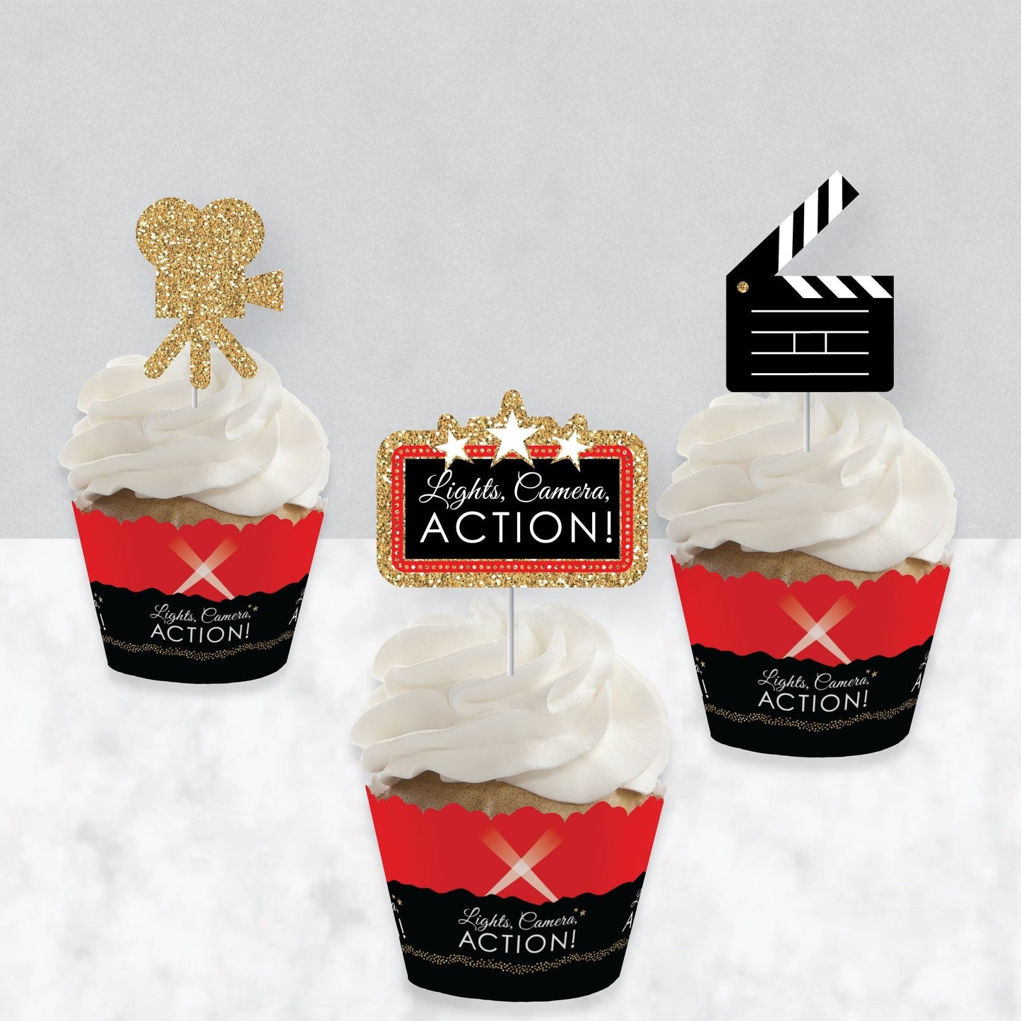 Red Carpet - Cupcake Decoration - Movie Night Party Cupcake Wrappers and Treat Picks Kit - Set of 24
