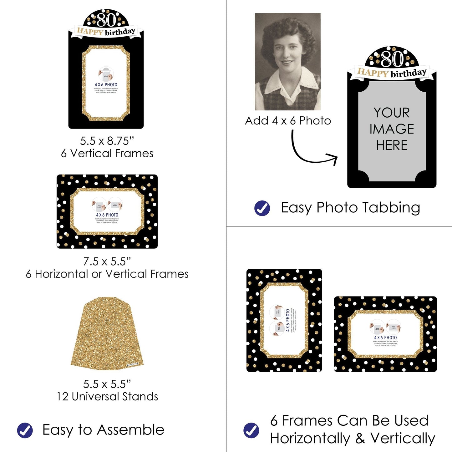 Adult 80th Birthday - Gold - Birthday Party 4x6 Picture Display - Paper Photo Frames - Set of 12