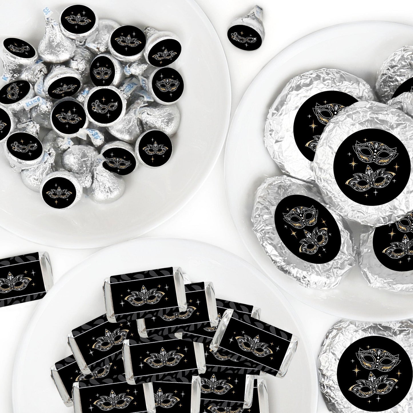 Masquerade - Mini Candy Bar Wrappers, Round Candy Stickers and Circle Stickers - Venetian Mask Party Candy Favor Sticker Kit - 304 Pieces
