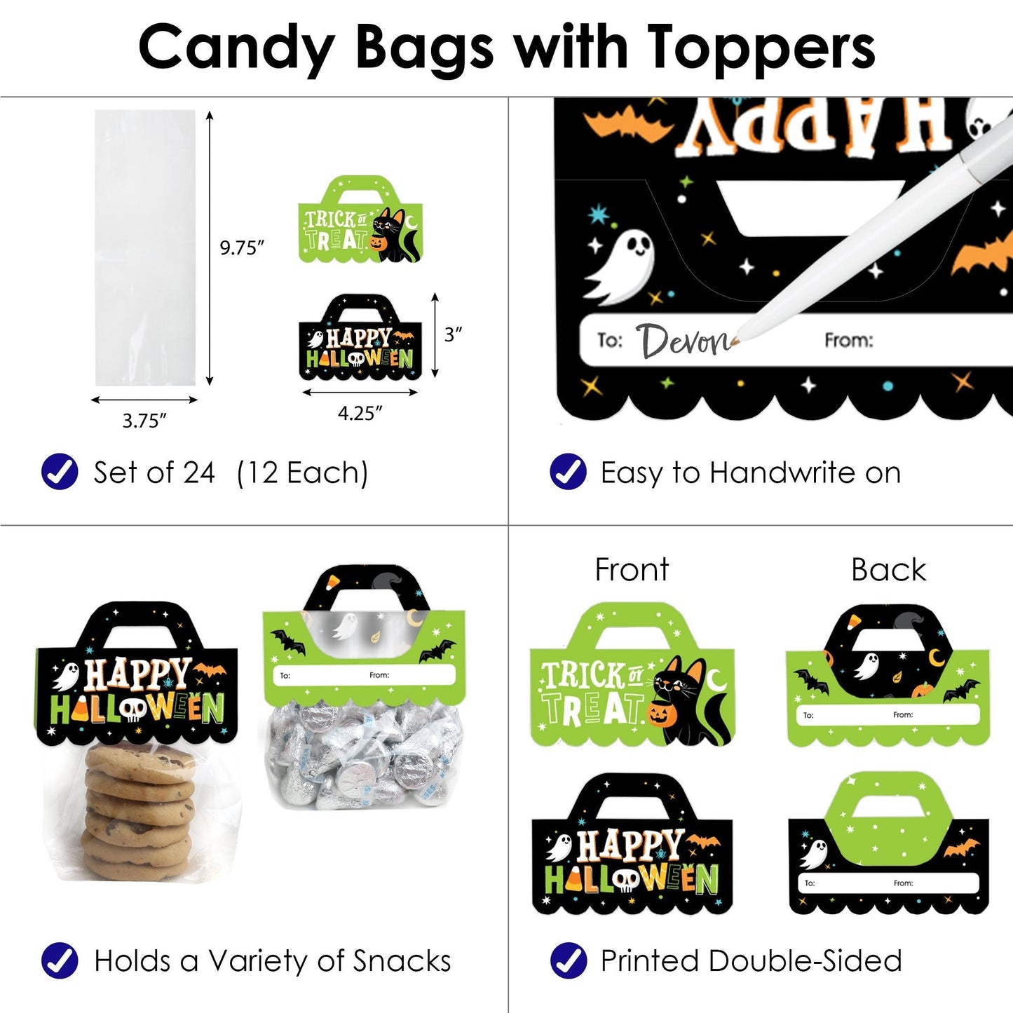 Jack-O'-Lantern Halloween - DIY Kids Halloween Party Clear Goodie Favor Bag Labels - Candy Bags with Toppers - Set of 24
