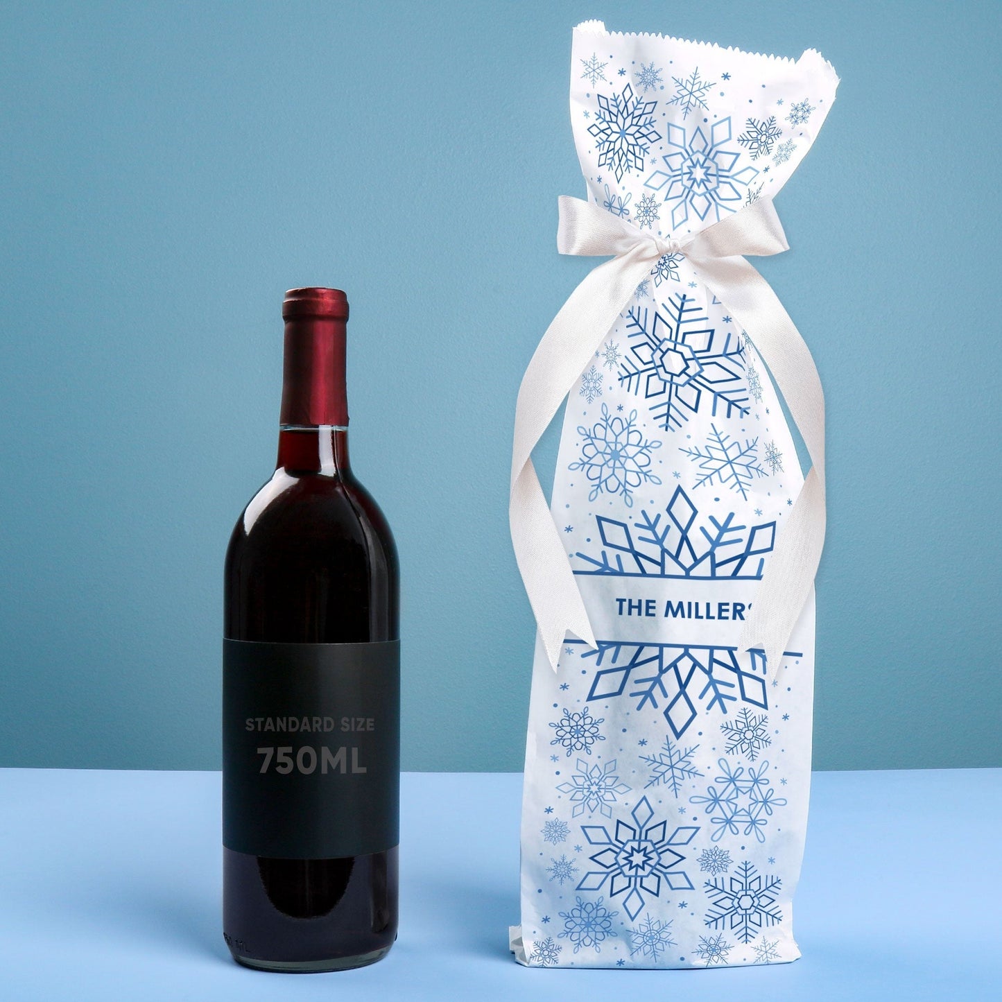 Custom Text Wine Bags - Blue Snowflakes